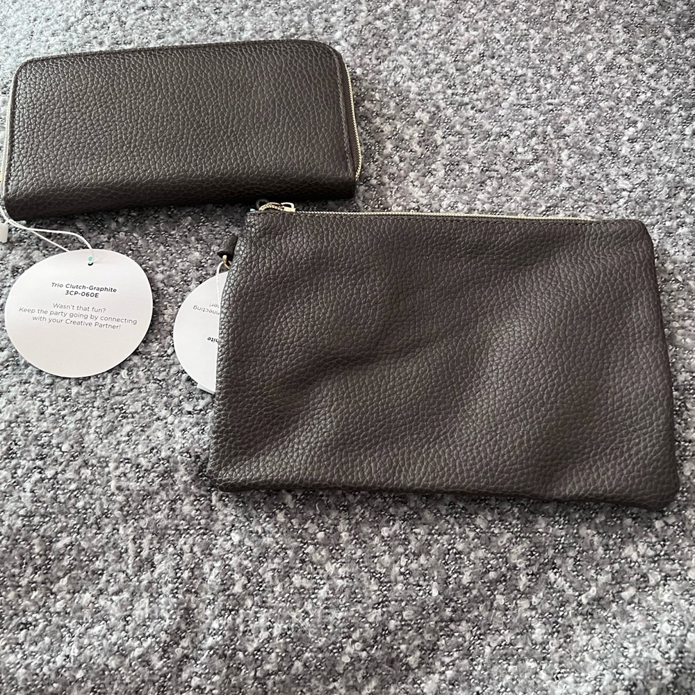 Matching clutch and wallet in pebble gray
